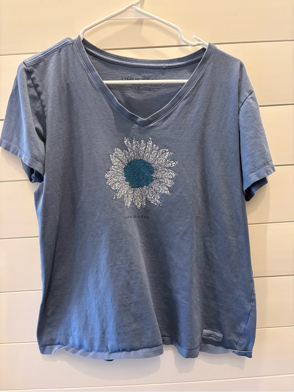 Life Is Good Slate Blue V-Neck Sunflower Tee